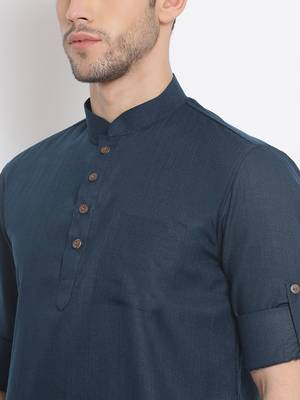 Men's Cotton Solid Denim Blue Colour Straight Short Kurta 6