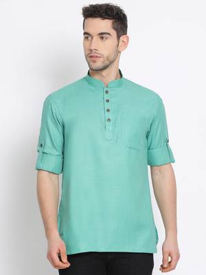 Men's Cotton Solid Kiwi Colour Straight Short Kurta 1