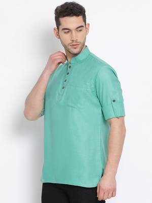 Men's Cotton Solid Kiwi Colour Straight Short Kurta 2
