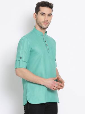 Men's Cotton Solid Kiwi Colour Straight Short Kurta 3