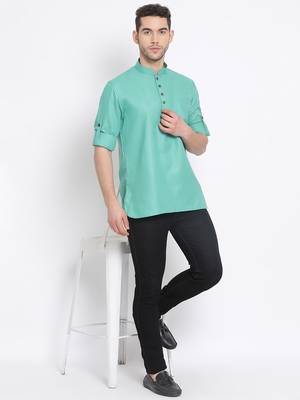 Men's Cotton Solid Kiwi Colour Straight Short Kurta 5