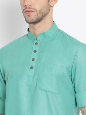 Men's Cotton Solid Kiwi Colour Straight Short Kurta 6