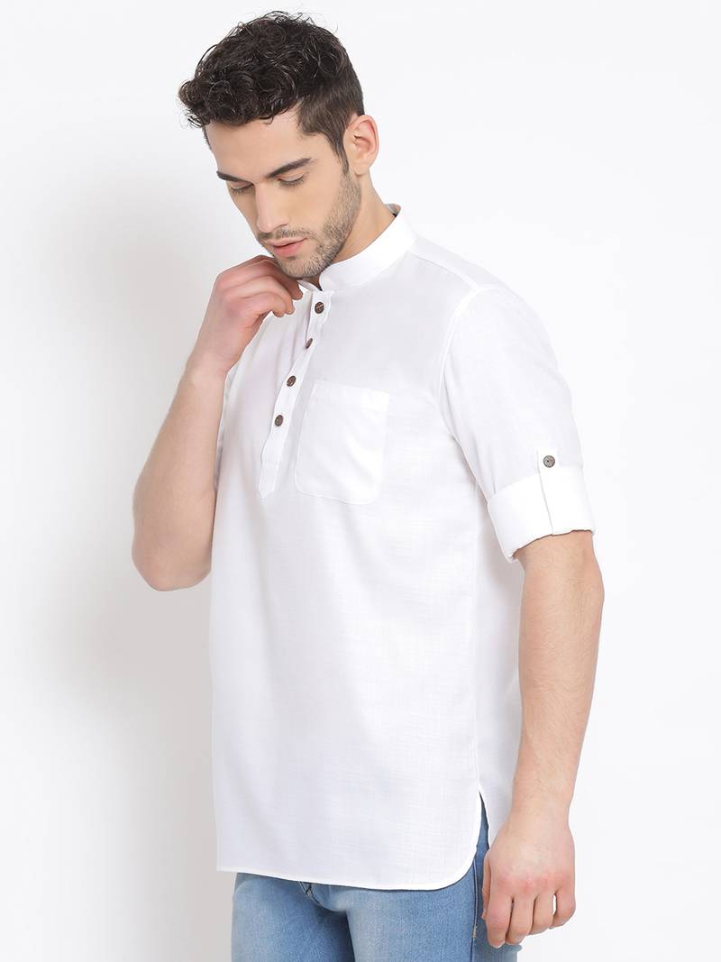 Men's Cotton Solid White Colour Straight Short Kurta