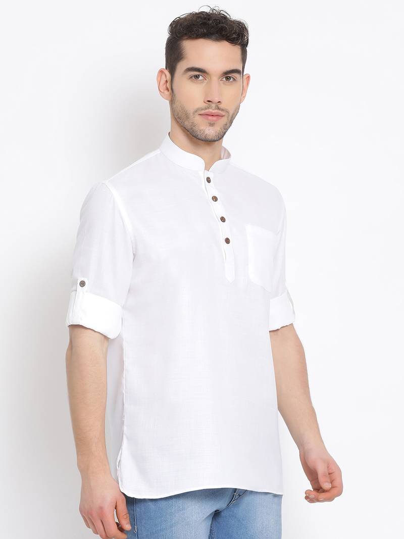 Men's Cotton Solid White Colour Straight Short Kurta