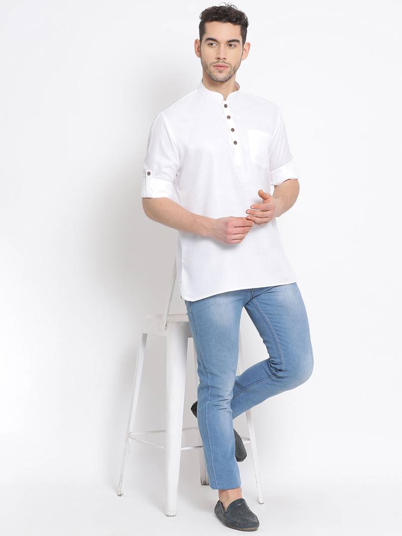 Men's Cotton Solid White Colour Straight Short Kurta