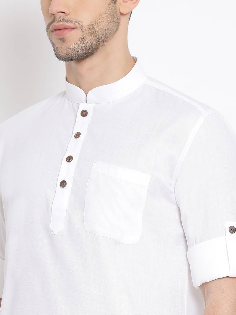 Men's Cotton Solid White Colour Straight Short Kurta