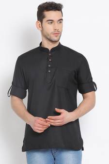 Men's Cotton Solid Black Colour Straight Short Kurta