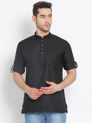 Men's Cotton Solid Black Colour Straight Short Kurta 1