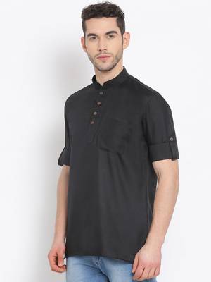 Men's Cotton Solid Black Colour Straight Short Kurta 2