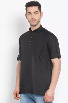 Men's Cotton Solid Black Colour Straight Short Kurta
