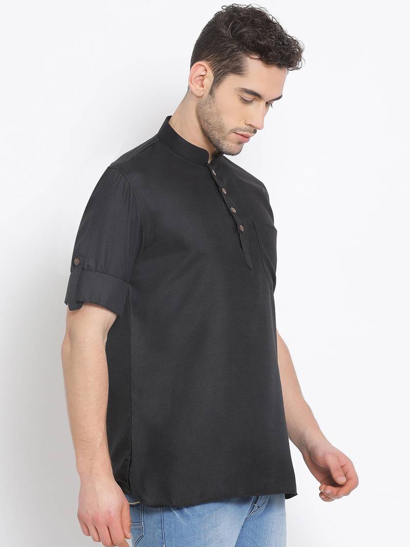 Men's Cotton Solid Black Colour Straight Short Kurta