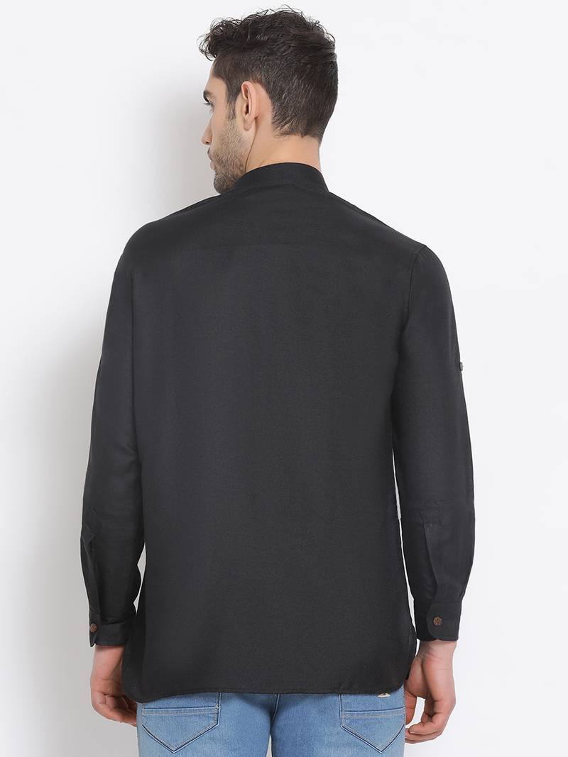Men's Cotton Solid Black Colour Straight Short Kurta