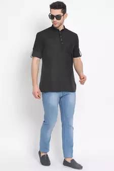 Men's Cotton Solid Black Colour Straight Short Kurta