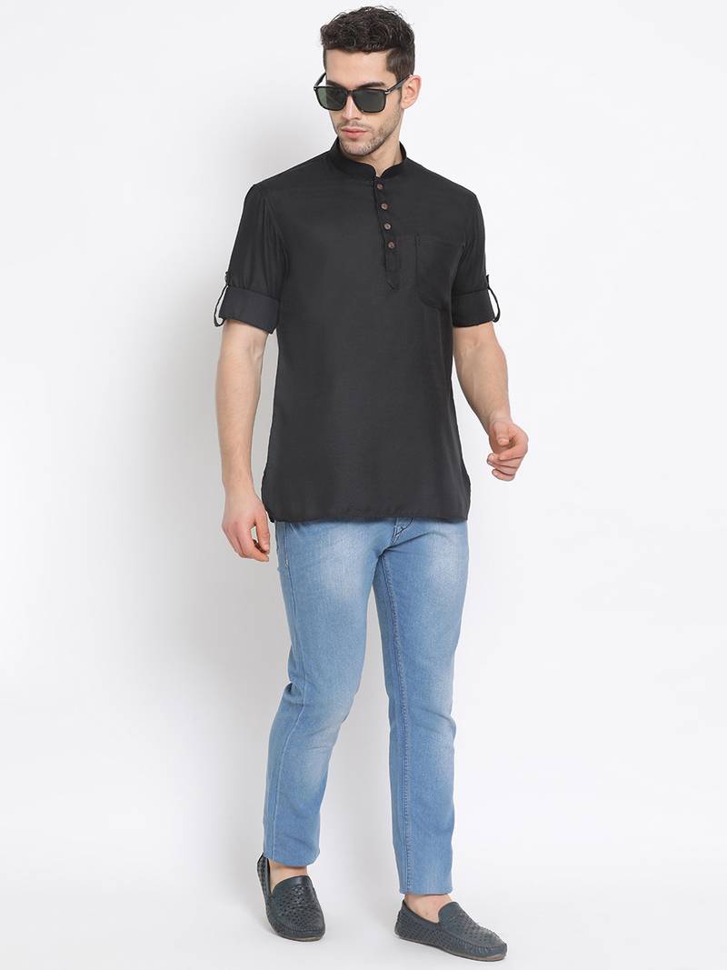 Men's Cotton Solid Black Colour Straight Short Kurta