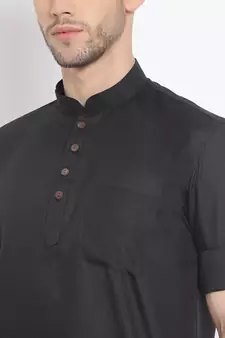 Men's Cotton Solid Black Colour Straight Short Kurta