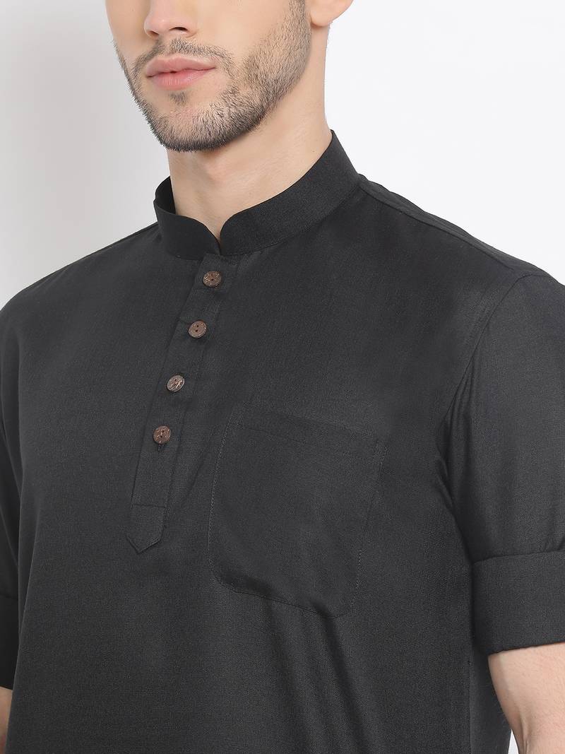 Men's Cotton Solid Black Colour Straight Short Kurta