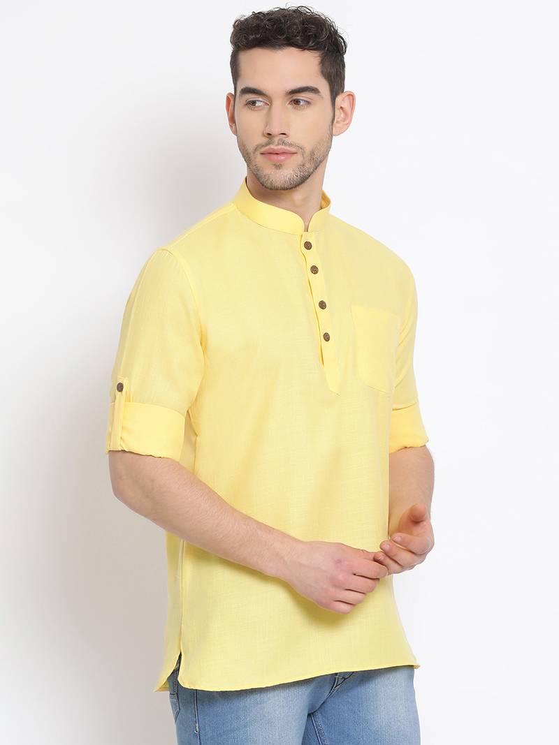 Men's Cotton Solid Lemon Colour Straight Short Kurta - Sanwara Fashions ...