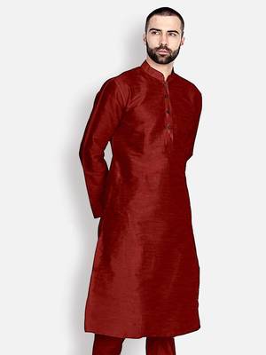Men's Art Silk Solid Maroon Colour Straight Kurta 3