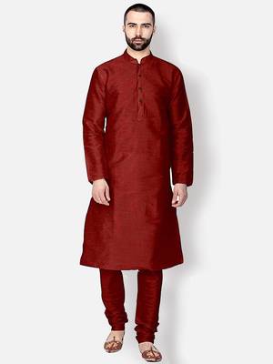 Men's Art Silk Solid Maroon Colour Straight Kurta 5
