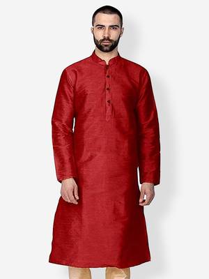 Men's Art Silk Solid Red Colour Straight Kurta 1