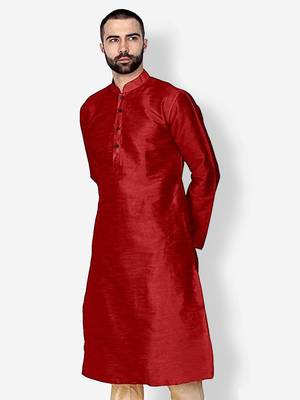 Men's Art Silk Solid Red Colour Straight Kurta 2