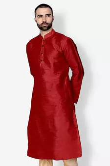 Men's Art Silk Solid Red Colour Straight Kurta