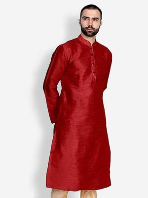 Men's Art Silk Solid Red Colour Straight Kurta 3