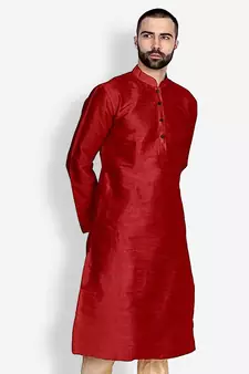 Men's Art Silk Solid Red Colour Straight Kurta