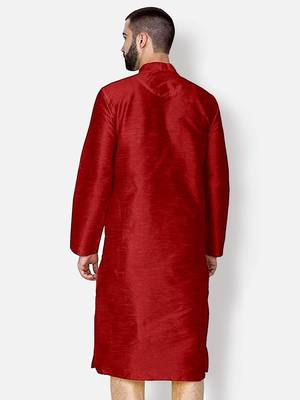 Men's Art Silk Solid Red Colour Straight Kurta 4