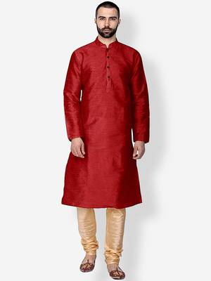 Men's Art Silk Solid Red Colour Straight Kurta 6