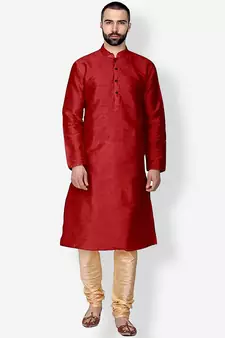 Men's Art Silk Solid Red Colour Straight Kurta