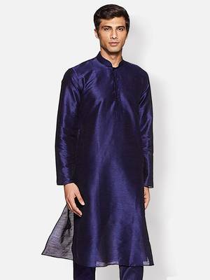 Men's Art Silk Solid Deep Blue Colour Straight Kurta 3