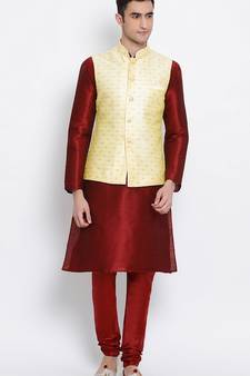 Men Beige Woven Design Nehru Jacket