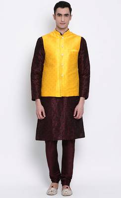 Men Deep Yellow Woven Design Nehru Jacket 1