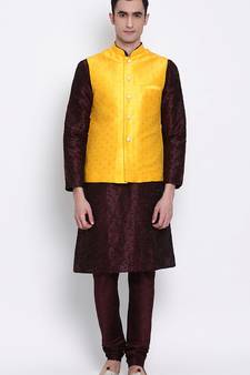 Men Deep Yellow Woven Design Nehru Jacket