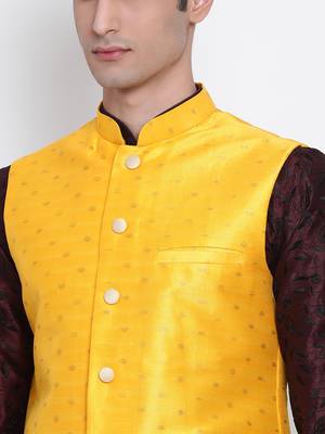 Men Deep Yellow Woven Design Nehru Jacket 2