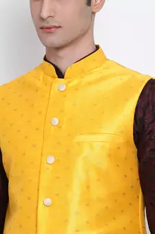 Men Deep Yellow Woven Design Nehru Jacket