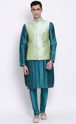 Men Light Green Woven Design Nehru Jacket 1