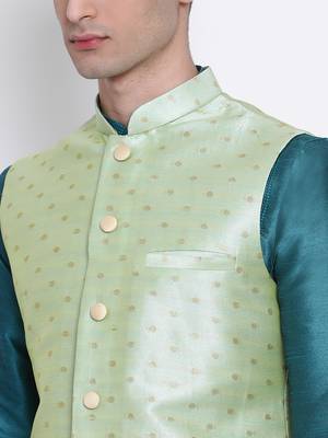 Men Light Green Woven Design Nehru Jacket 2