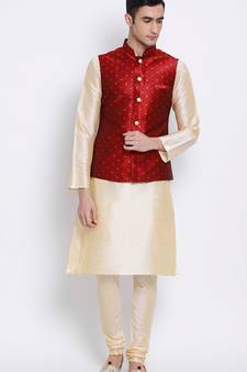 Men Maroon Woven Design Nehru Jacket