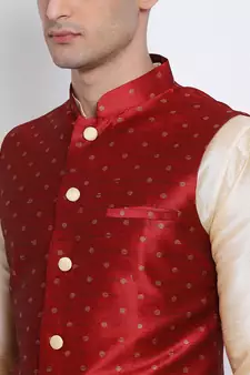 Men Maroon Woven Design Nehru Jacket