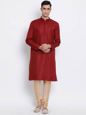 Men Maroon & Beige Solid Cotton Straight Kurta with Pyjama 1