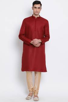 Men Maroon & Beige Solid Cotton Straight Kurta with Pyjama