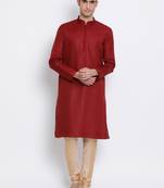 Men Maroon & Beige Solid Cotton Straight Kurta with Pyjama