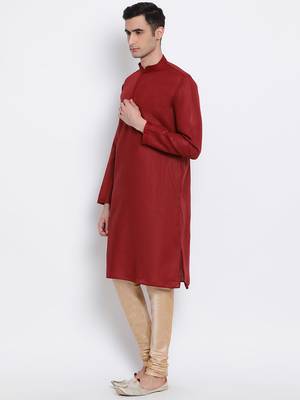 Men Maroon & Beige Solid Cotton Straight Kurta with Pyjama 2
