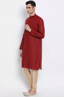 Men Maroon & Beige Solid Cotton Straight Kurta with Pyjama