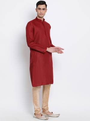 Men Maroon & Beige Solid Cotton Straight Kurta with Pyjama 3