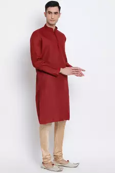 Men Maroon & Beige Solid Cotton Straight Kurta with Pyjama