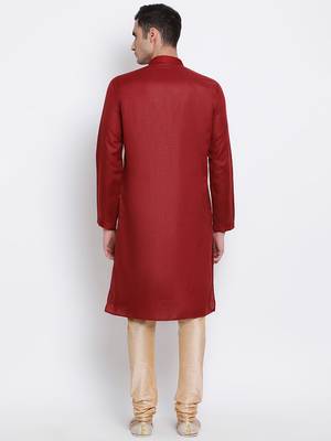 Men Maroon & Beige Solid Cotton Straight Kurta with Pyjama 4