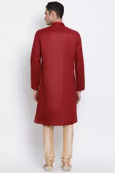 Men Maroon & Beige Solid Cotton Straight Kurta with Pyjama